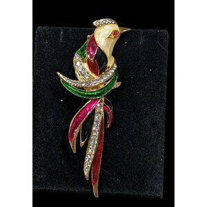 Vintage Enamel Rhinestone Rainbow Bird Brooch Signed WEST